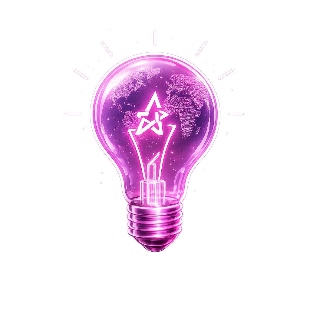 Glowing IdeaJ lightbulb — a magenta light bulb with a world globe and IdeaJ star inside